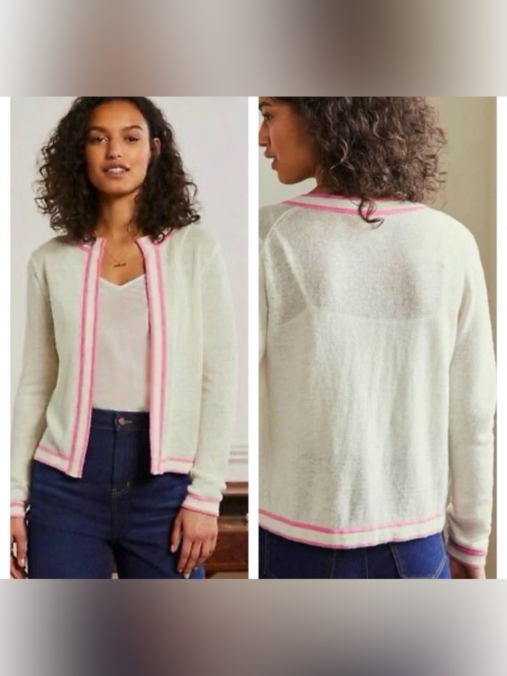 Boden Cream Open-Front Cardigan with Pink Trim
